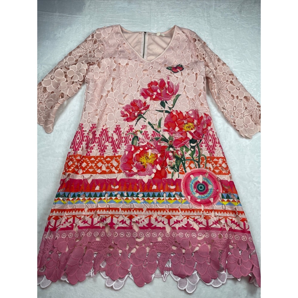 Pink Floral Lace Mini Dress XL 3/4 Sleeve Boho Geometric Garden Party Easter